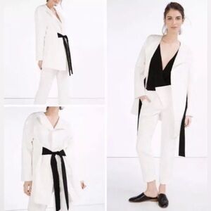EUC Zara Basic Oversized Quilted Jacquard Black Belted White Long Jacket Small